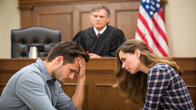 Young Couple Argues in Courtroom During Trial With Male Judge Presiding. Generative AI