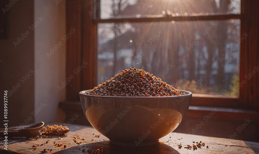 Poster A bowl of grains is sitting on a table with a window behind it. The grains are scattered all over the table, and the sunlight is shining through the window, creating a warm and inviting atmosphere