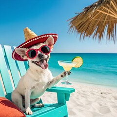A French Bulldog Relaxing on a Beach Chair, Wearing a Sombrero and Sunglasses, Sipping a Margarita with the Ocean in the Background