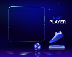 Best player award, trophy for the best player of the match. Soccer boot statuette, achievement award. High contrast background, vibrant color. Vector frame template. Banner, social media, blog post.