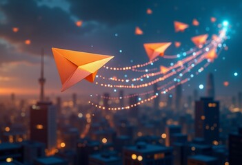 Naklejka premium Colorful paper airplanes soar over a vibrant city skyline during twilight, creating a whimsical urban backdrop