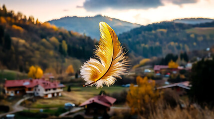 Delicate golden feather floating mid-air, with fine details glowing under soft directional light, emphasizing purity, selective focus on foreground, copy space for text, ultra HD, 