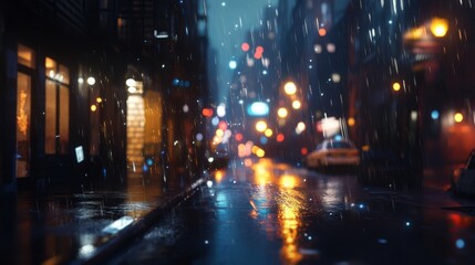 Obraz premium Rainy city street at night, bokeh lights.