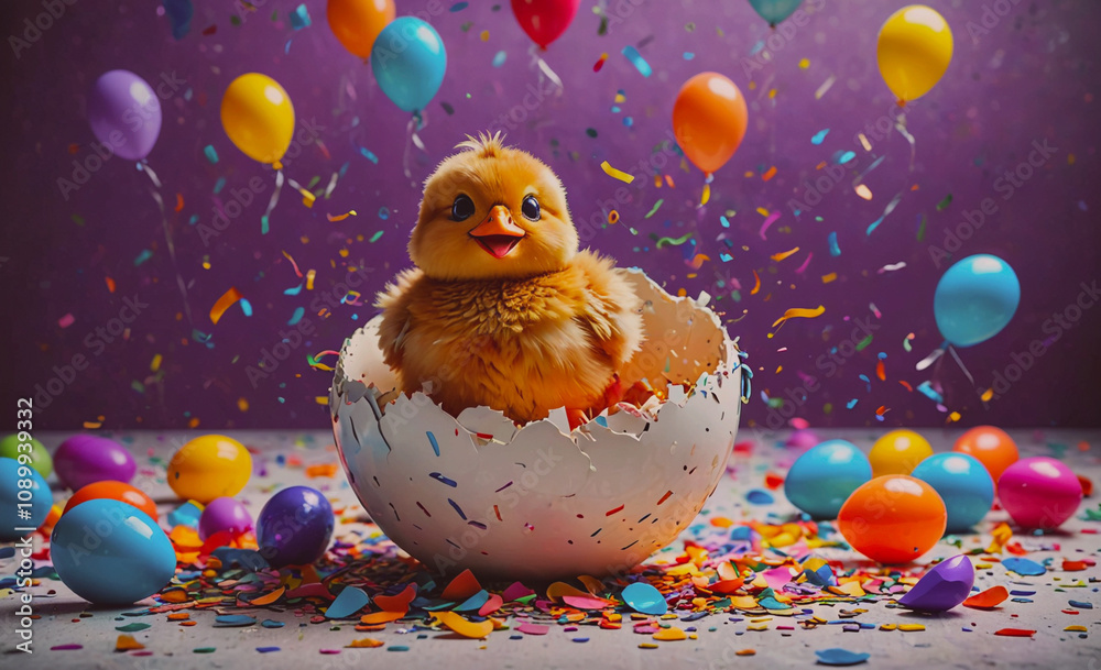Poster a baby chicken is sitting in an eggshell with colorful balloons and confetti around it. the scene is