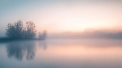 Obraz premium Serene sunrise over misty lake with trees.