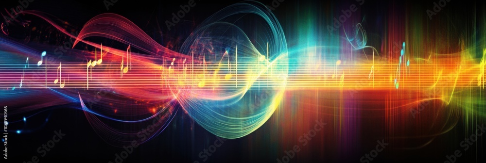 Aufkleber dynamic visualization of sound waves combines musical notes and instruments in a colorful display, e