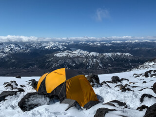 Base camp at Lanin Volcano is set up at an altitude of approximately 2.800 meters above sea level.