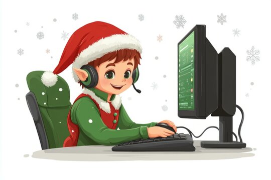  Christmas elf at call center desk managing gift lists on computer for holiday season support and logistics