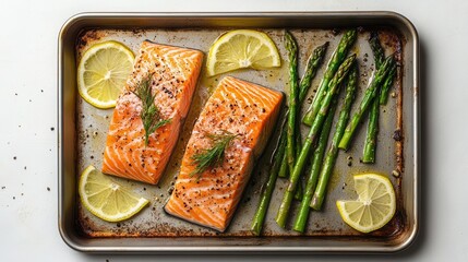 Delicious salmon steak and fresh asparagus prepared on a baking tray with lemon slices for a healthy meal