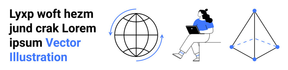 Person working on a laptop, a globe with arrows, and a geometric shape. Ideal for technology, creativity, productivity, digital nomads, innovation, global networking, remote work. Landing page