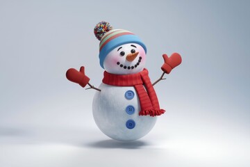 A cheerful snowman wearing a hat  scarf  and mittens.