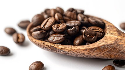 Wooden spoon filled with roasted brown coffee beans, perfect for coffee shop menus, cafe websites, or foodrelated projects.