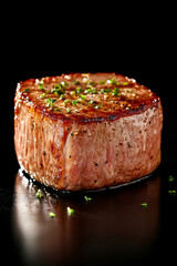 Tender steak with sprinkling herbs captured with black background