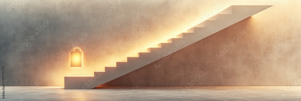Fototapete a bright staircase with soft lighting ascends against a textured wall, complemented by a glowing lan
