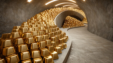 Gold ingots arranged in a geometric spiral, glowing under precision lighting, emphasizing purity, symmetry, and craftsmanship, selective focus on foreground, copy space for text, ultra HD, 