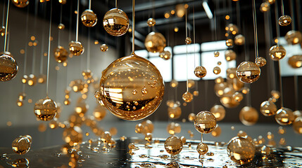 Golden droplets merging on a glass surface, glowing under abstract lighting that highlights purity and connection, selective focus on foreground, copy space for text, ultra HD, 