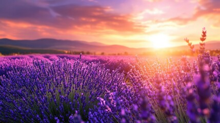 Fototapeta premium Lavender Field at Sunset with a Golden Sky