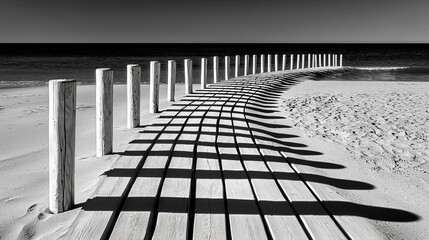 Beach boardwalk with long shadows cast by fence posts, rustic wood textures, classic summer setting