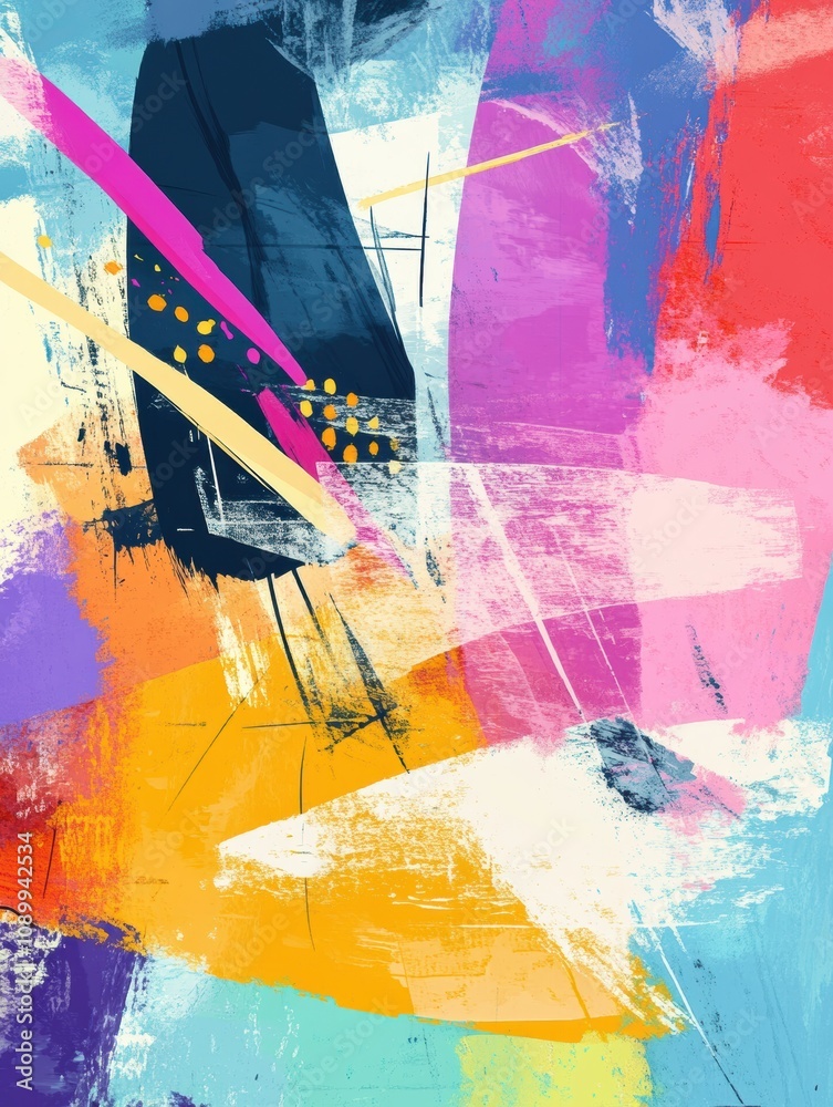 Aufkleber colorful abstract composition showcases paint strokes and geometric shapes blending together, evokin