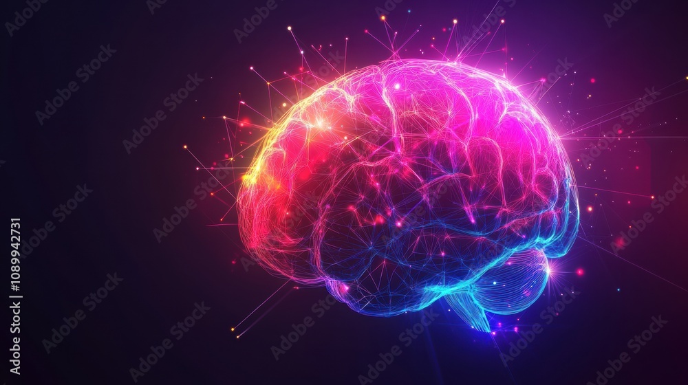 Poster A vivid digital brain with colorful lights and intricate connections illustrates the merging of technology and intellect in an abstract display. Generative AI