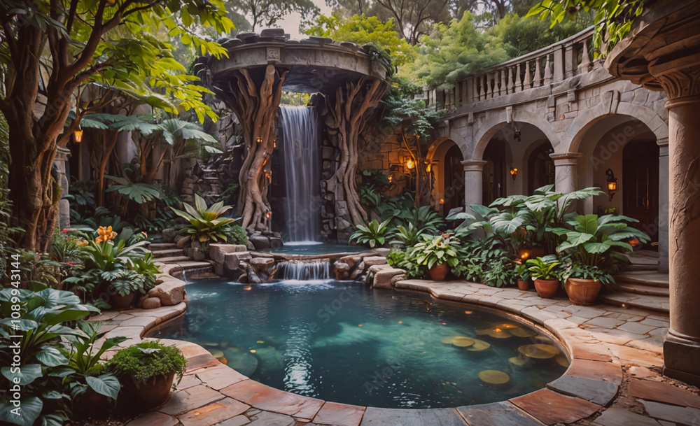 Poster a beautiful garden with a large pool and a waterfall. the pool is surrounded by plants and trees, an