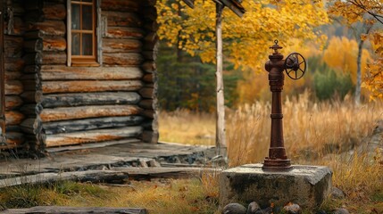 Fototapeta premium Vintage Decorative Pump in Front of Rustic Cabin Surrounded by Autumn Foliage and Golden Grass in a Tranquil Countryside Setting