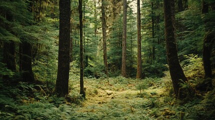 Obraz premium Lush and Untouched Forest Landscape with Tall Trees and Dense Greenery, Showcasing an Abundant and Serene Natural Environment Perfect for Outdoor Enthusiasts