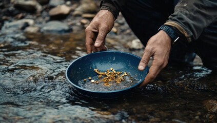 Gold Panning in a Mountain River: A Scene of Discovery and Fortune