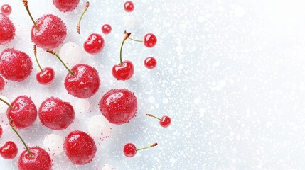 Fototapeta premium Whimsical illustration of cherries tumbling against a white canvas, bright and cheerful, ideal for grocery advertising campaigns
