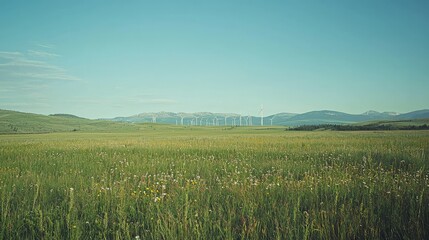 Fototapeta premium Serene Meadow Landscape Featuring Distant Wind Turbines Amidst Lush Greenery and Rolling Hills Under a Clear Blue Sky
