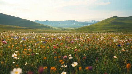 Fototapeta premium A Serene Meadow Surrounded by Gentle Slopes, Filled with Colorful Wildflowers Under a Soft Blue Sky in a Picturesque Landscape