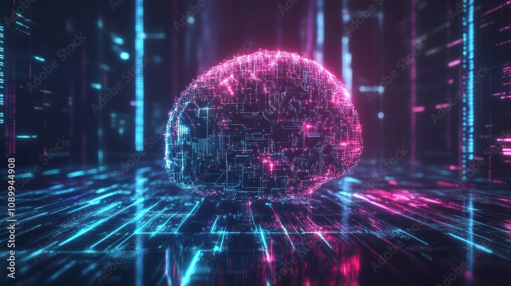 Aufkleber an abstract representation of a digital brain is illuminated by neon lights, set against a futuristi