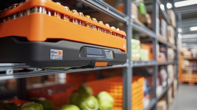 Close-up of an order picker reaching for goods on high shelves, orange and black equipment, organized setting 