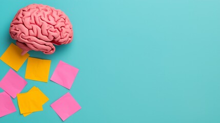 Pink Brain Model with Sticky Notes on Teal Background