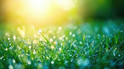 Obraz premium Misty Morning Meadow Scene with Dew-Covered Grass and Soft Sunrise Light Illuminating the Tranquil Outdoor Landscape in Nature's Serenity