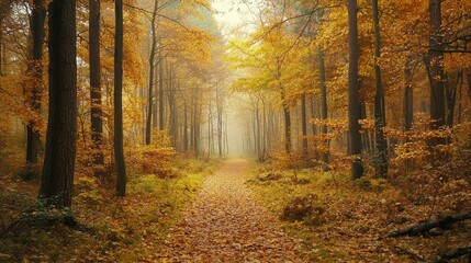 Obraz premium Captivating Autumn Forest Scene with Golden Canopy and Sunlit Pathway Through Trees in a Picturesque Landscape