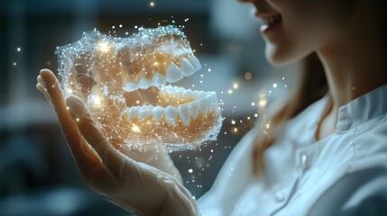 Modern dental conference, dentist giving presentation with futuristic holographic teeth model, sleek minimalist design, Dental conference, futuristic presentation