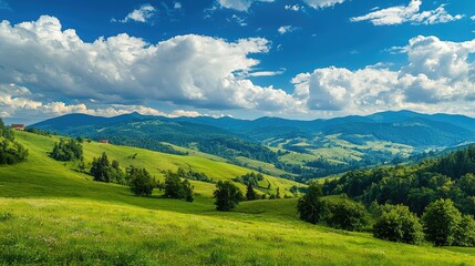 Obraz premium Breathtaking Scenic Meadow with Rolling Hills Under a Vivid Blue Sky, Capturing Nature's Beauty in a Serene Landscape