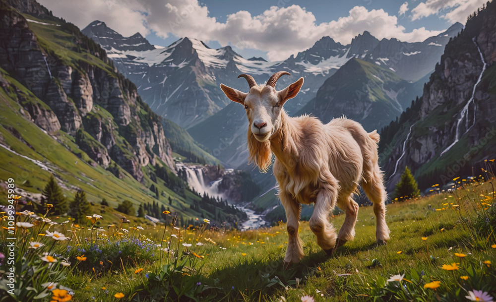 Poster a goat is walking through a field of flowers in front of a mountain range. the scene is peaceful and