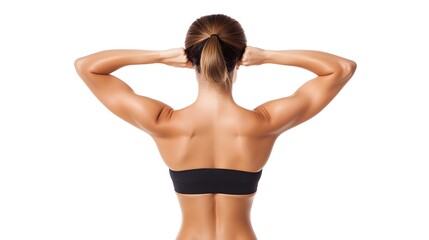 Fototapeta premium Muscular tanned woman's back, body correction lines highlighting muscle tone, isolated on white, body sculpting concept