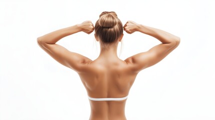 Muscular tanned woman's back, body correction lines highlighting muscle tone, isolated on white, body sculpting concept