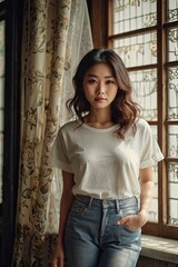 A beautiful Japanese woman with long, wavy hair looks confidently at the camera, wearing a casual yet stylish outfit consisting of a comfortable, loose-fitting t-shirt and a pair of fitted jeans. ai