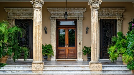 Spanish Colonial Revival Style Hotel Entrance Featuring Decorative Pillars, Lush Greenery, and Elegant Wooden Doors