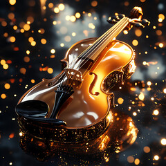 Golden violin on a mirrored stage, with glowing strings and delicate reflections capturing musical purity and elegance, selective focus on 