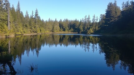 Obraz premium Serene Reflection of a Calm Lake Surrounded by Lush Green Trees in a Tranquil Forest Setting Under Clear Blue Skies