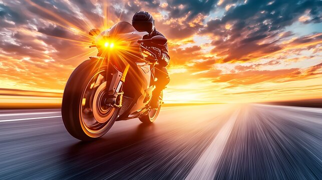 Silhouetted motorcycle rider speeding down a scenic dusk road, the sky glowing with clouds, sense of adventure, Biker silhouette, Journey and energy