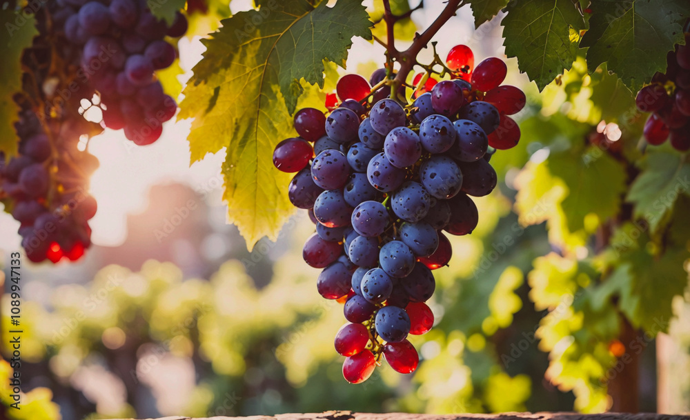 Poster a bunch of grapes hanging from a vine. the grapes are ripe and ready to be picked. the vine is green