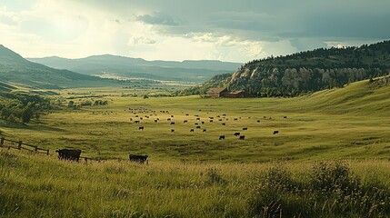 Fototapeta premium Vast Open Meadow with Grazing Cattle Under Dramatic Sky, Capturing the Serenity of Nature in a Picturesque Landscape Scene