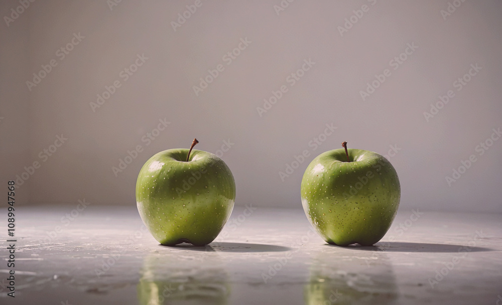 Poster Two green apples on a table. The apples are shiny and wet. The apples are placed next to each other