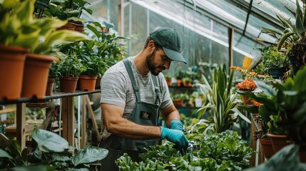 Obraz premium Worker Inspecting Water Pump in Greenhouse While Caring for Plants, Focused on details and maintaining optimal plant conditions in a lush environment